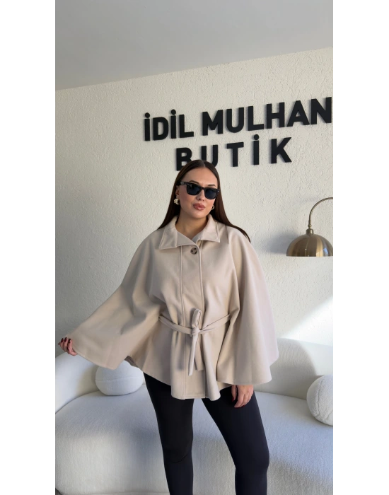 Krem Oversize Kaşe Kuşaklı Panço