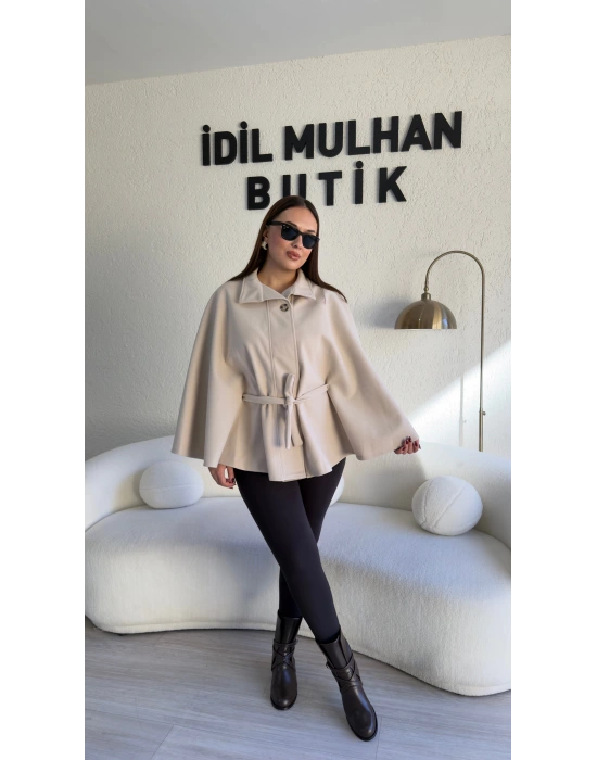 Krem Oversize Kaşe Kuşaklı Panço