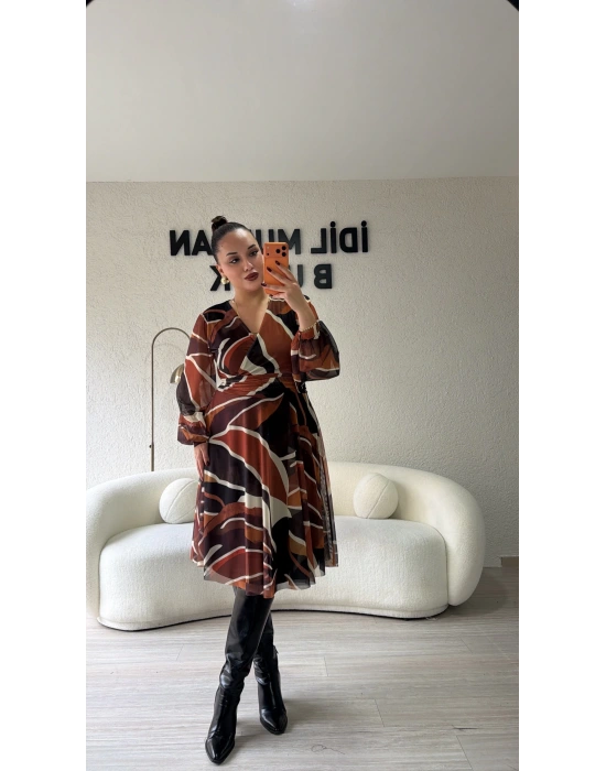 Kruvaze Kahve Desenli Elbise