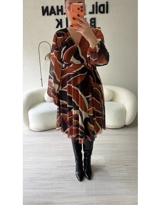 Kruvaze Kahve Desenli Elbise