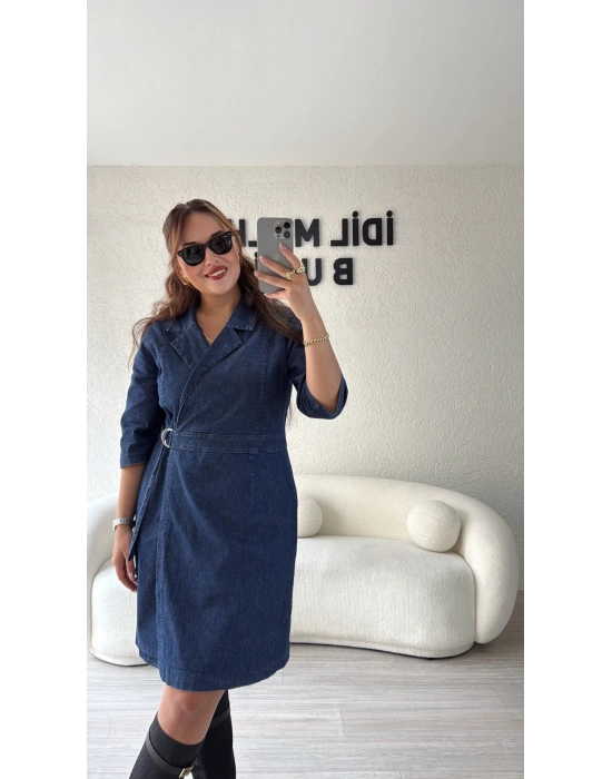 Kruvaze Kemer Detaylı Jean Elbise