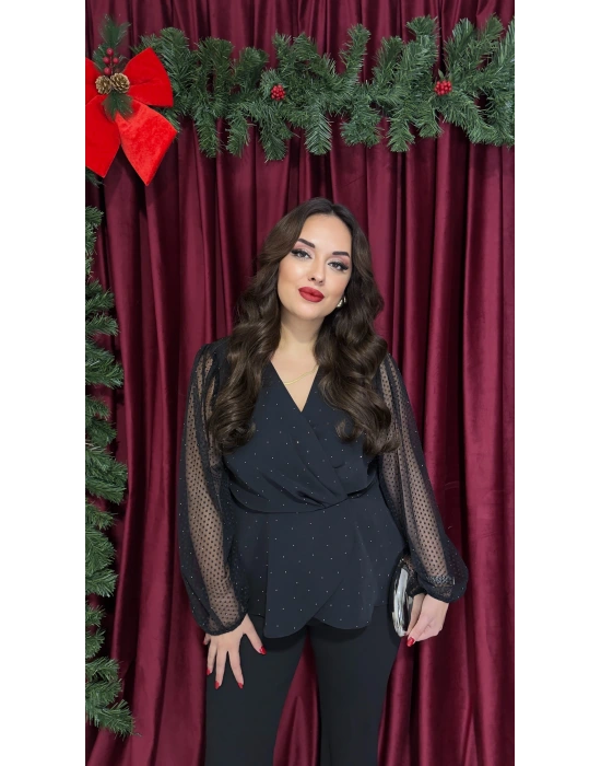 Kruvaze Kolu Puantiyeli Taşlı Bluz