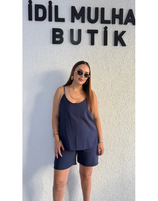 Lacivert Askılı Şortlu Tensel Takım