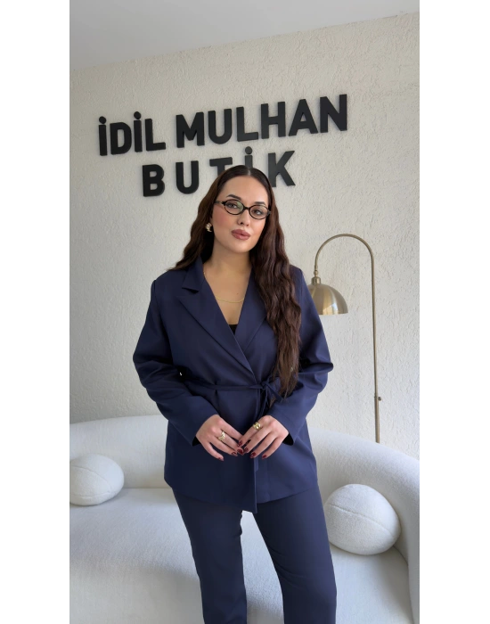 Lacivert Bağlama Detaylı Kruvaze Blazer Takım