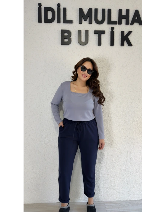 Lacivert Beli Lastikli Cepli Pantolon