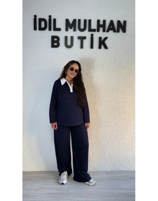 Lacivert Beyaz Gömlek Yaka Takım