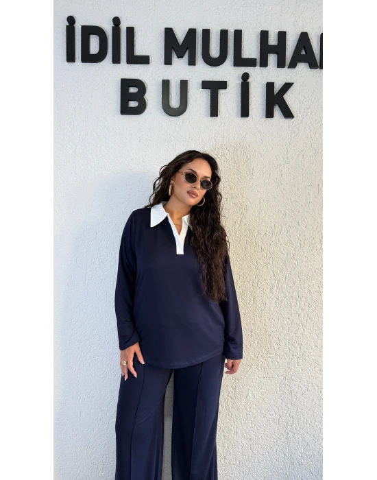 Lacivert Beyaz Gömlek Yaka Takım
