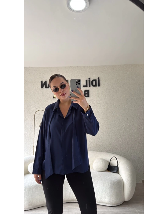 Lacivert Çıkarılabilir Fularlı Gömlek