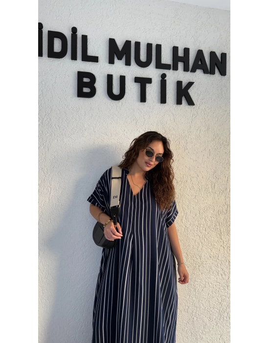 Lacivert Dikey Şeritli Pamuk Elbise