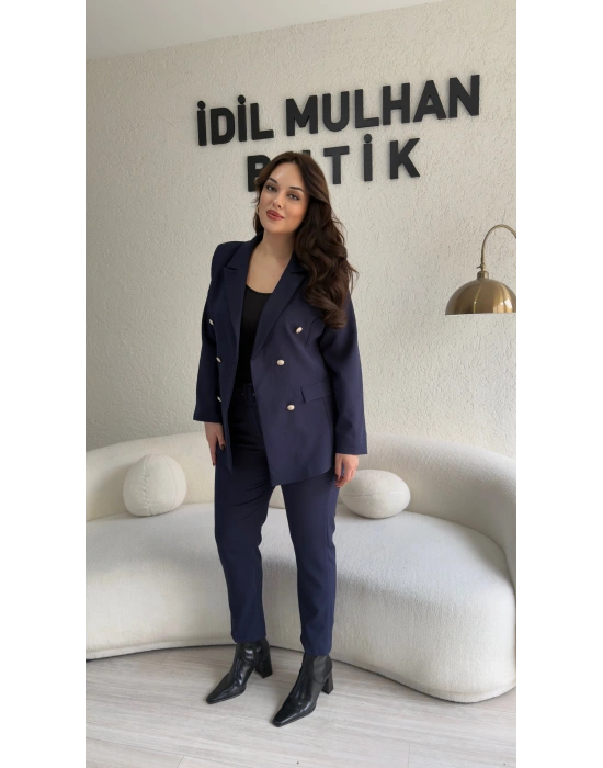Lacivert Double Krep Blazer Takım