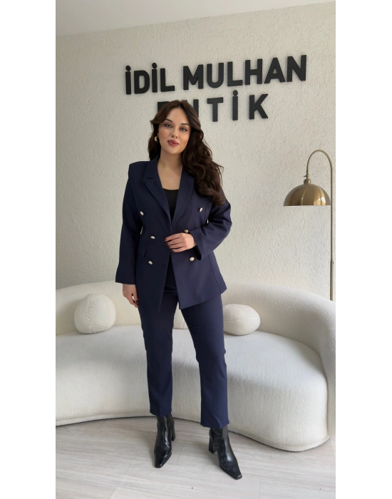 Lacivert Double Krep Blazer Takım