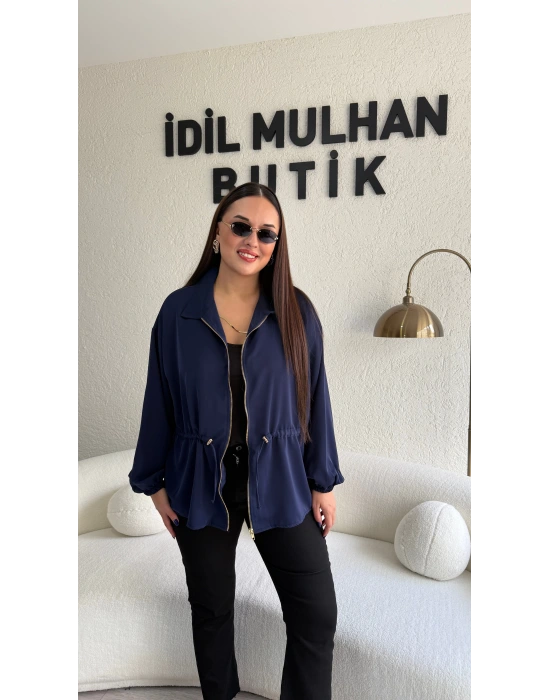 Lacivert Fermuarlı Bel Büzgülü Ceket