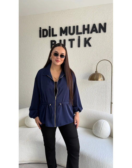 Lacivert Fermuarlı Bel Büzgülü Ceket
