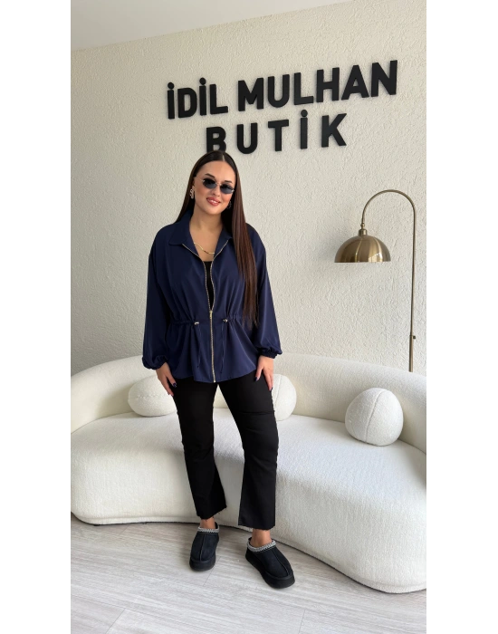 Lacivert Fermuarlı Bel Büzgülü Ceket
