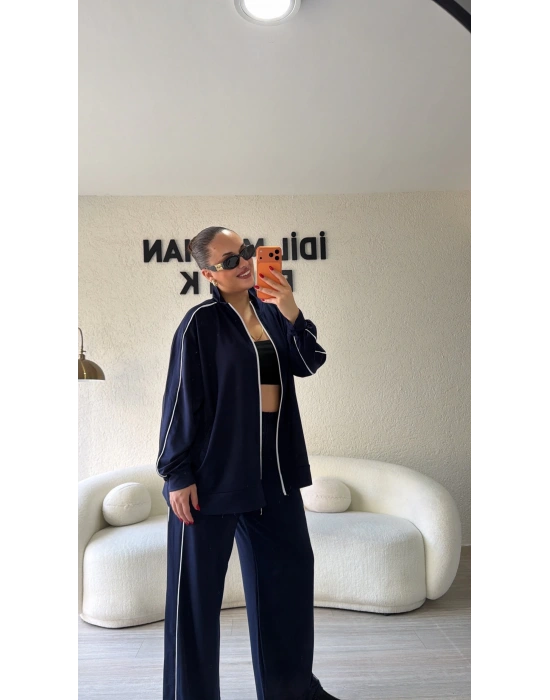 Lacivert Fermuarlı Çift Çizgili Takım