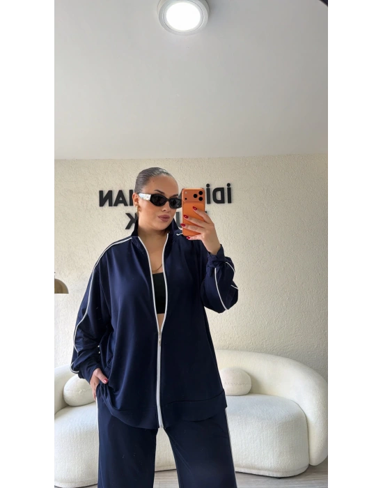 Lacivert Fermuarlı Çift Çizgili Takım