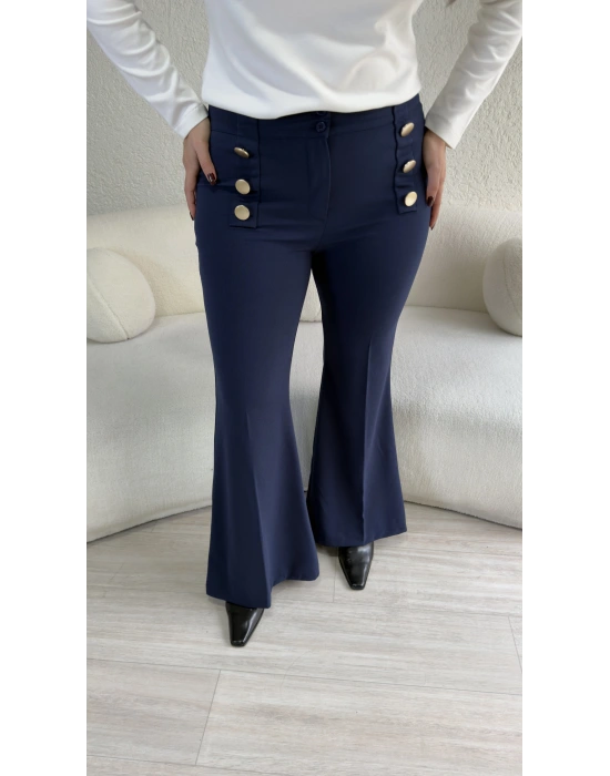 Lacivert Gold Düğmeli İspanyol Paça Pantolon
