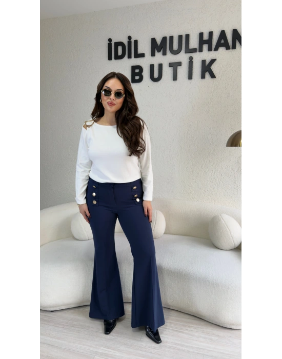 Lacivert Gold Düğmeli İspanyol Paça Pantolon