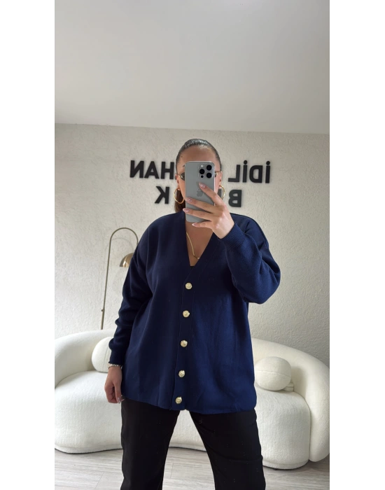 Lacivert Gold Düğmeli Triko Hırka