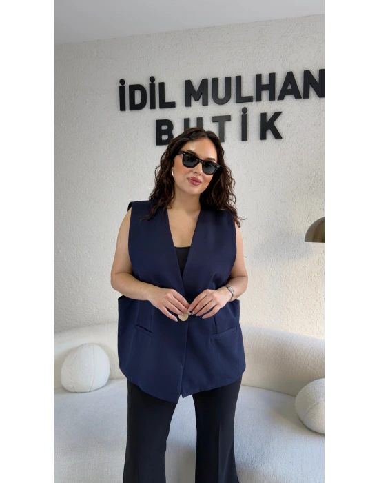 Lacivert Gold Tek Düğme Detaylı Yelek