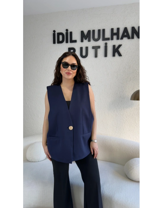 Lacivert Gold Tek Düğme Detaylı Yelek