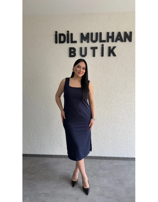 Lacivert Kare Yaka Krep Elbise