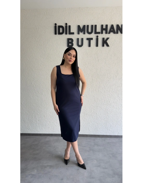 Lacivert Kare Yaka Krep Elbise