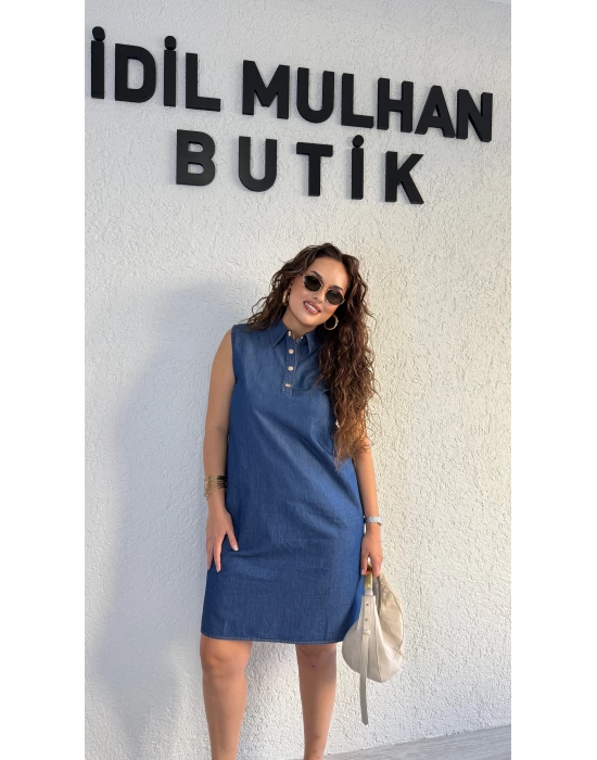 Lacivert Kolsuz Düğmeli Kot Elbise