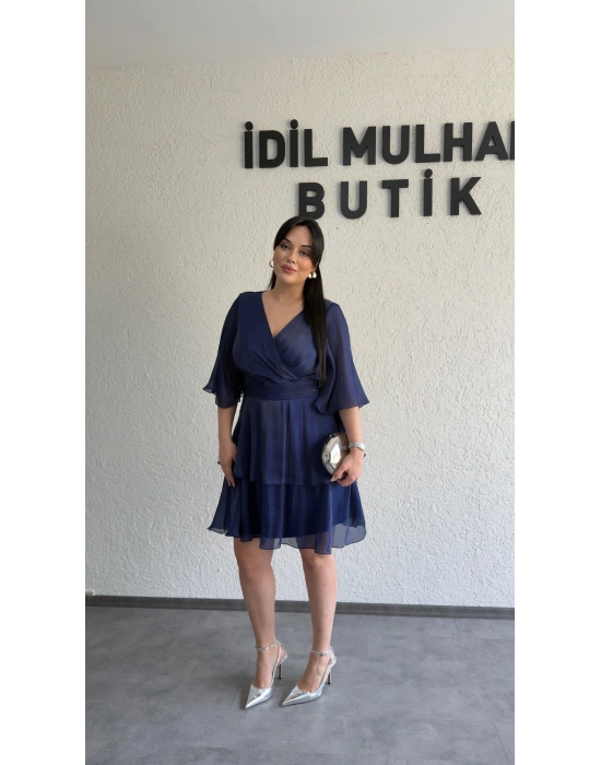 Lacivert Kruvaze Yaka Kat Kat Elbise