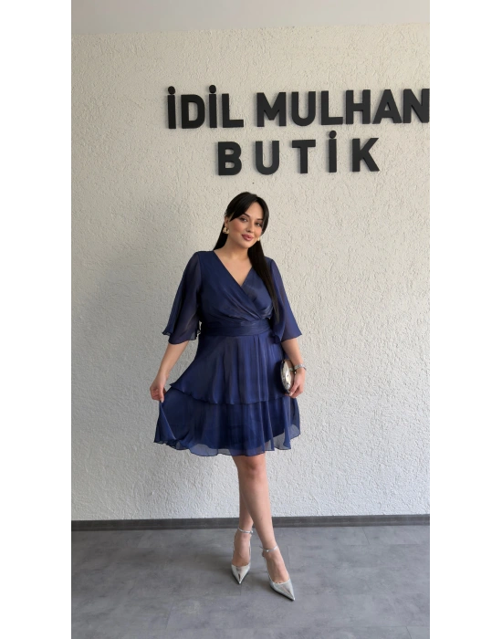 Lacivert Kruvaze Yaka Kat Kat Elbise