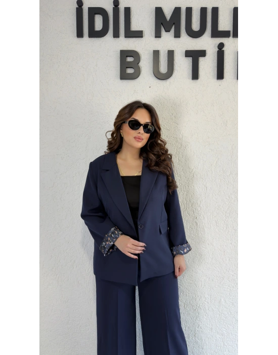 Lacivert Leopar Detaylı Blazer Ceket