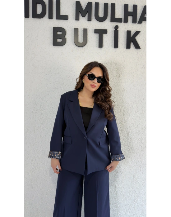 Lacivert Leopar Detaylı Blazer Ceket