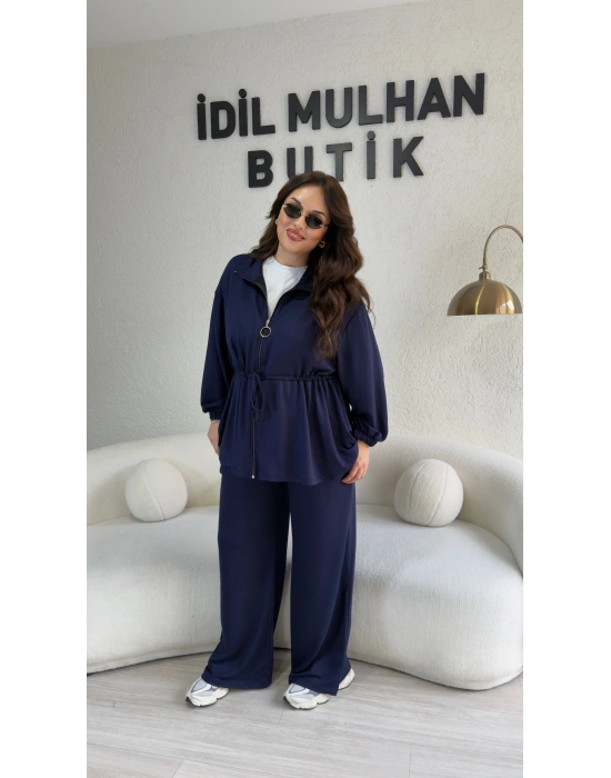 Lacivert Likralı Kristal Bel Büzgülü Takım