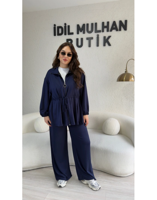 Lacivert Likralı Kristal Bel Büzgülü Takım