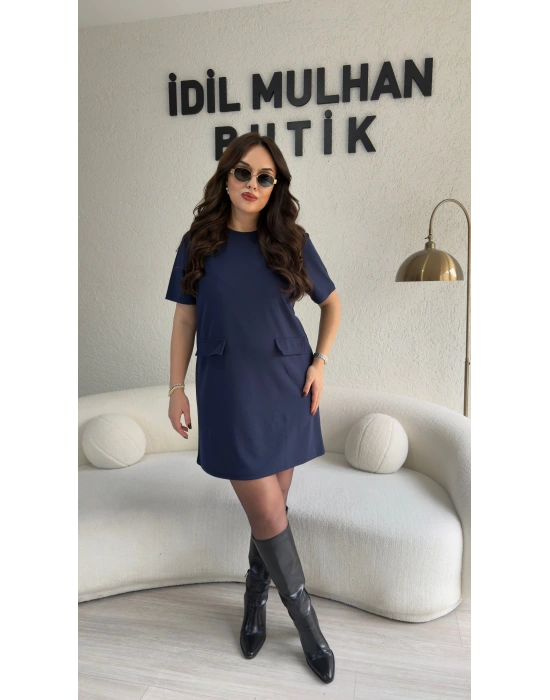 Lacivert Likralı Süs Cepli Elbise