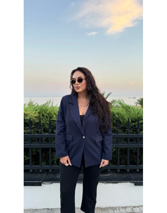 Lacivert Omuzları Vatkalı Blazer Ceket