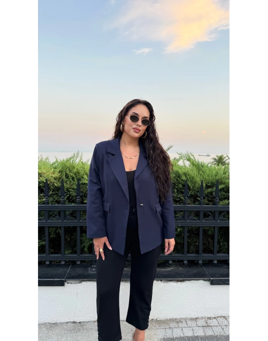 Lacivert Omuzları Vatkalı Blazer Ceket