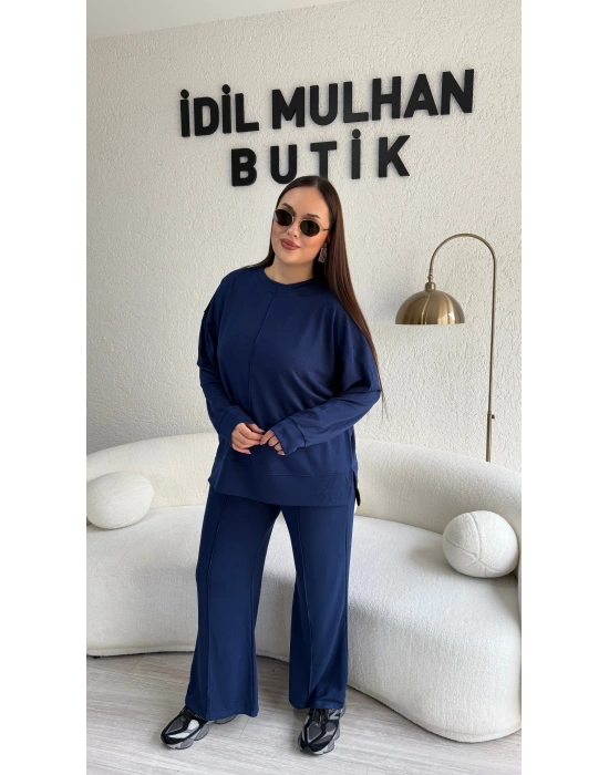 Lacivert Önü Çizgi Detaylı Pamuklu Takım