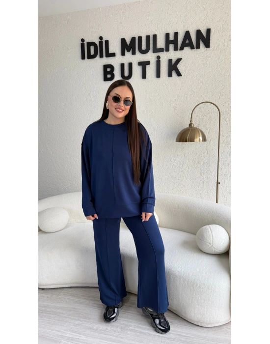 Lacivert Önü Çizgi Detaylı Pamuklu Takım
