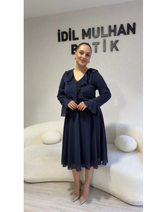 Lacivert Şifon Yaka Ve Kol Detaylı Elbise