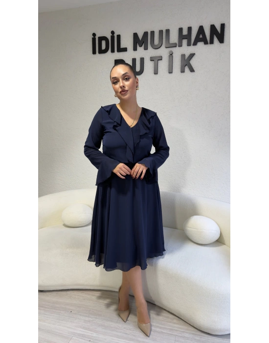 Lacivert Şifon Yaka Ve Kol Detaylı Elbise