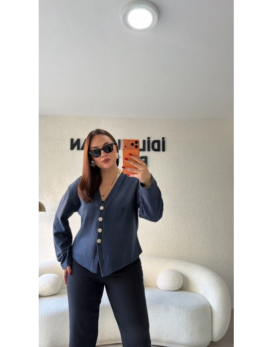 Lacivert Silver Düğmeli Triko Hırka