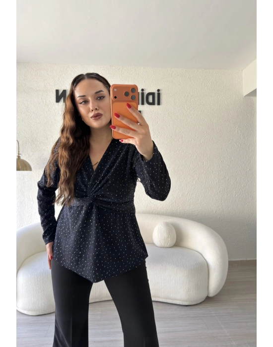 Lacivert Sim Detaylı Taş İşlemeli Bluz