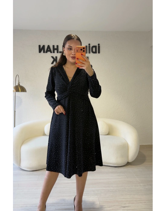 Lacivert Sim Işıltılı Kruvaze Elbise