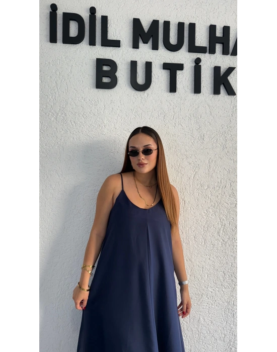 Lacivert Tensel Askılı Elbise