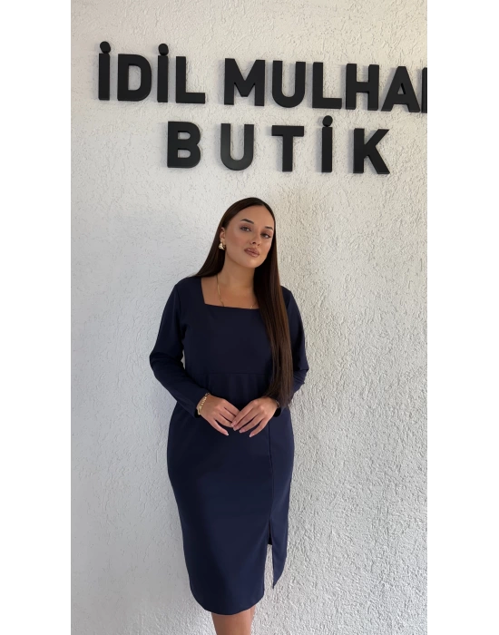 Lacivert Uzun Kollu Kare Yaka Krep Elbise