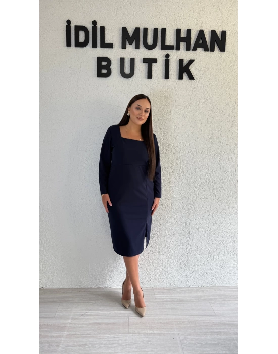 Lacivert Uzun Kollu Kare Yaka Krep Elbise