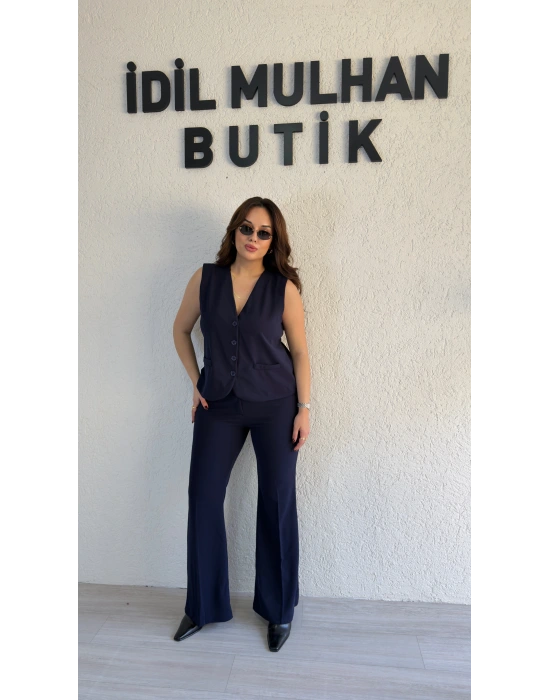 Lacivert Yüksek Bel İspanyol Paça Pantolon