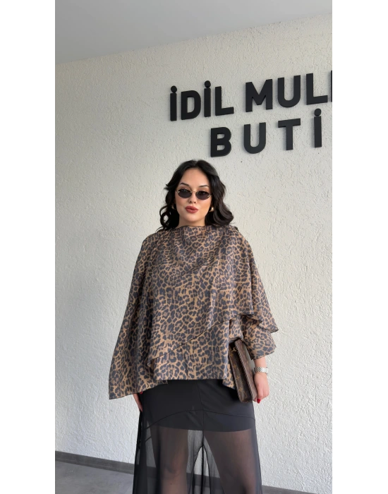 Leopar Desenli Premium Pelerin Bluz