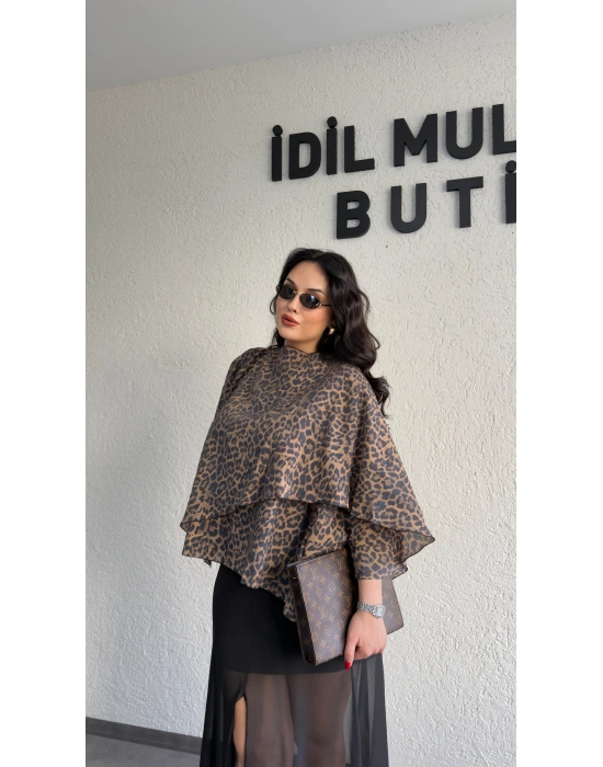 Leopar Desenli Premium Pelerin Bluz